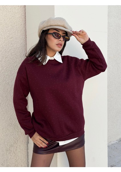 Kadın Bordo Taşlı Oversize Sweatshirt 30067