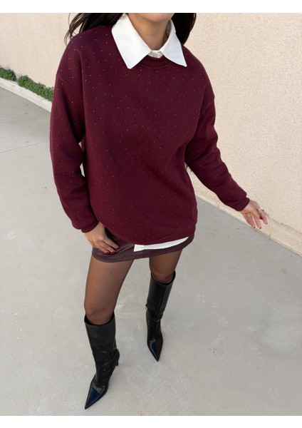 Kadın Bordo Taşlı Oversize Sweatshirt 30067
