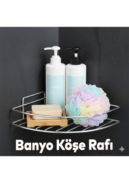 Tek Katlı Duş Şampuanlığı Paslanmaz Çelik Banyo Köşe Rafı Vidalı Sağlam ve Şık Tasarım Krom Renk