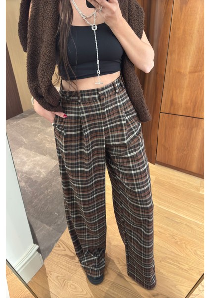 Ekose Desen Palazzo Pantolon- Kahverengi