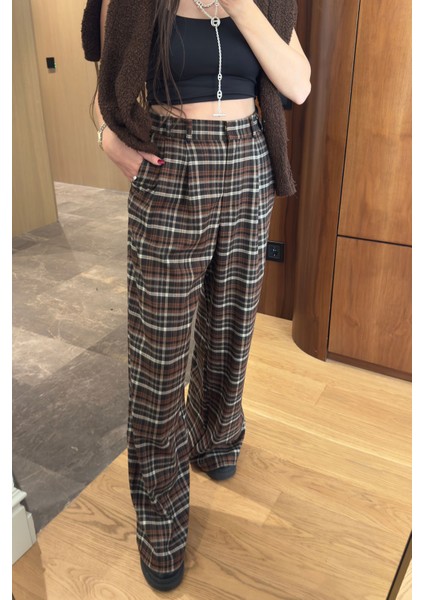 Ekose Desen Palazzo Pantolon- Kahverengi modelleri