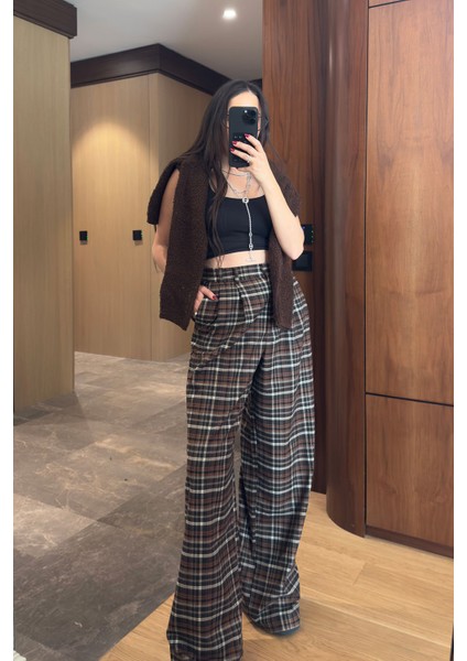 Ekose Desen Palazzo Pantolon- Kahverengi fırsatları