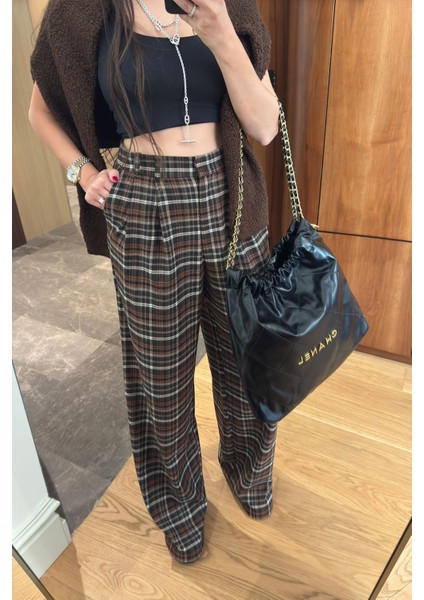 Ekose Desen Palazzo Pantolon- Kahverengi indirimleri