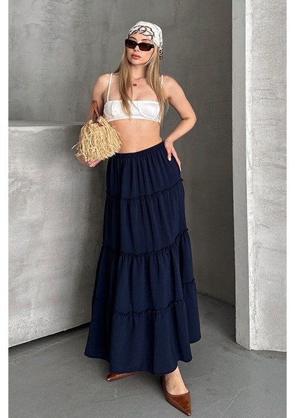 Basic Astarlı Pileli Kadın Uzun Etek Siyah