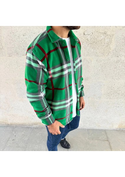 Erkek Ekose Desenli Düğmeli Polar Yakalı Uzun Kollu Gömlek Oversize Rahat Kalıp - Yeşil modelleri