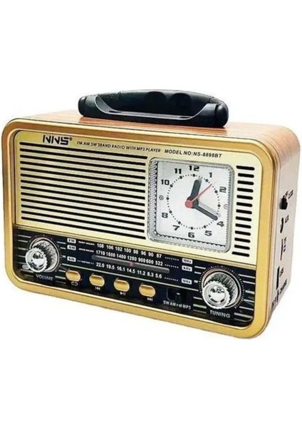 ® Orta Boy Saat Göstergeli Retro Ahşap Tasarım Bluetooth Hoparlörlü Radyo - Fm/am Destekli, Şarjlı ve Taşınabilir Radyo NS-8898