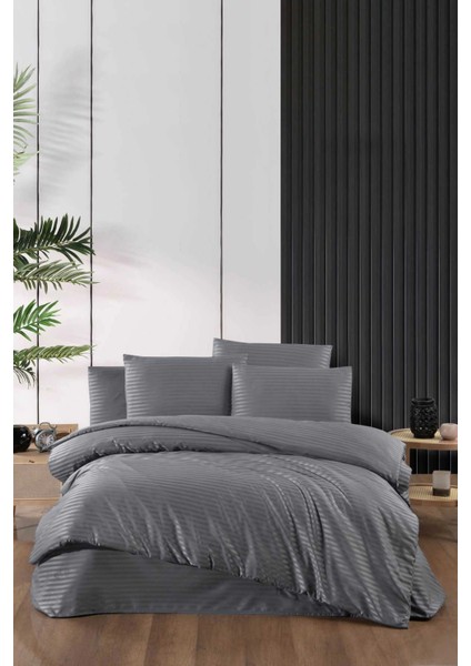 Stripe Saten Line Çift Kişilik Nevresim Takımı Antrasit