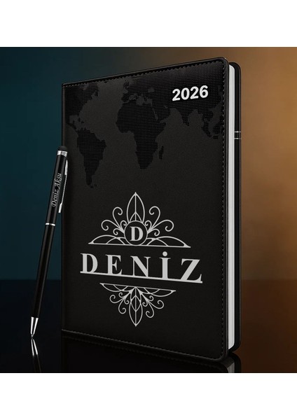 Kişiye Özel Isimli Termo Sert Kapak 2026 Siyah Ajanda & Kalem -14, Öğretmenler Günü Hediyesi, Yeni Iş Hediyesi