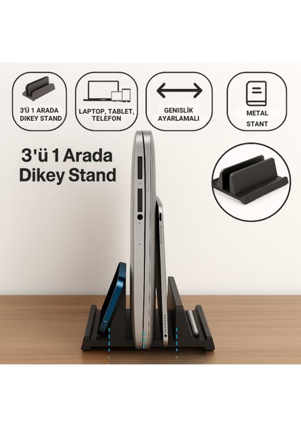 3in1 Arada Ayarlanabilir Metal Dikey Laptop Standı – Laptop, Tablet ve Telefon Tutucu,ayarlanabilir Genişlikli