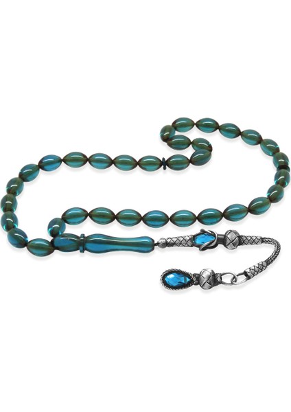 1000 Ayar Gümüş Kazaz Püsküllü Arpa Kesim Turkuaz Ateş Kehribar Tesbih