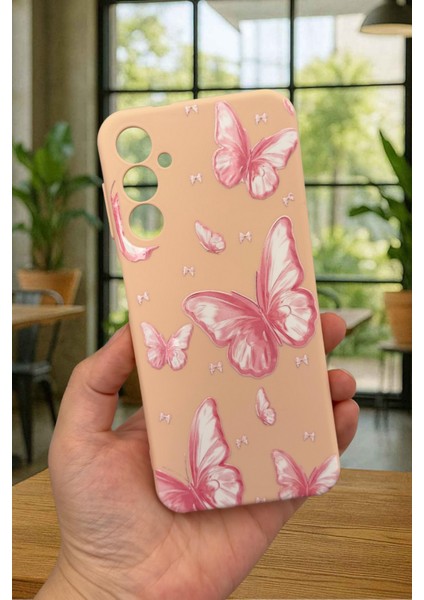 Samsung Galaxy A14 Uyumlu Pembe Kelebek Desenli Silikon Darbe Emici Klasik Korumalı Rubber Kılıf