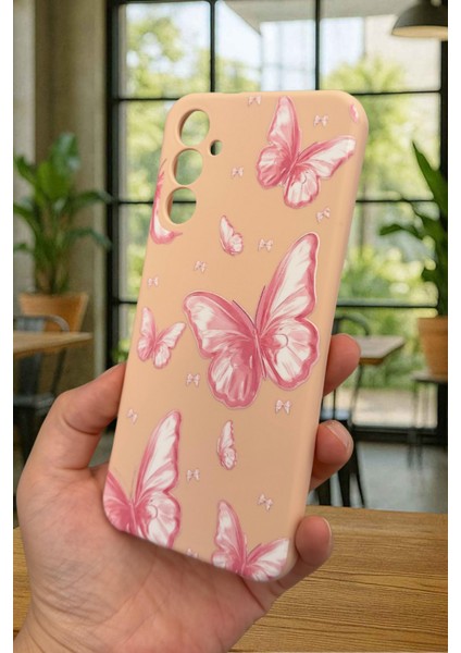 Samsung Galaxy A14 Uyumlu Pembe Kelebek Desenli Silikon Darbe Emici Klasik Korumalı Rubber Kılıf modelleri