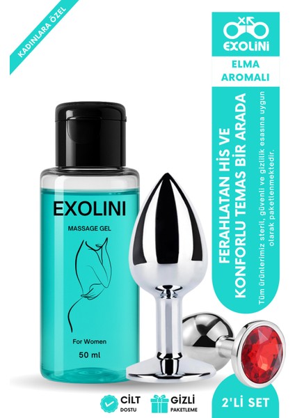 Anal Kayganlaştırıcı Jel Su Bazlı 50 ml – Elma Aromalı, Kırmızı Taşlı Metal Plug, 2’li Set