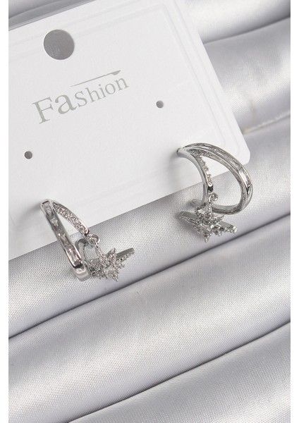 Pirinç Gümüş Renk Zirkon Taşlı Halka Model Sallantı Yıldız Detay Kadın Küpe - TJ-BKP9990