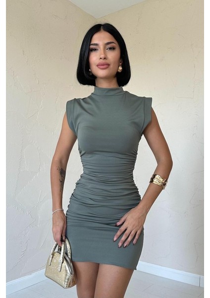 Haki Büzgülü Kolsuz Elbise fiyatları