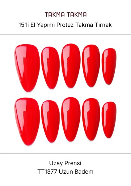 15'li Kırmızı Uzun Badem TT1377 Tekrar Kullanılabilir El Yapımı Protez Takma Tırnak - Kırmızı-XS