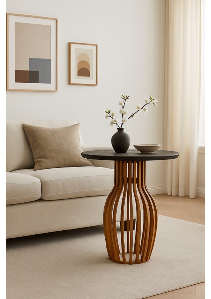 Palermo Yuvarlak Modern Klasik Rustik Retro Vintage Naturel Dekoratif Ahşap Çıtalı Yan Mantar Sehpa