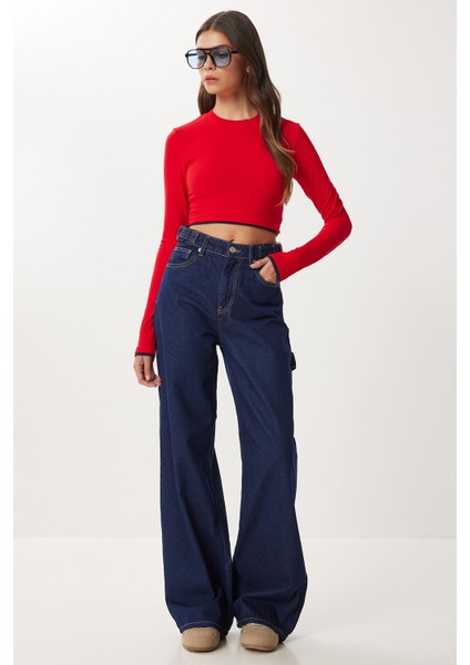 Kemer Detaylı Geniş Paça Jean P0298 LRI0026 Koyu Mavi