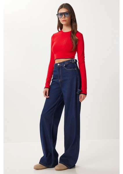 Kemer Detaylı Geniş Paça Jean P0298 LRI0026 Koyu Mavi fiyatları