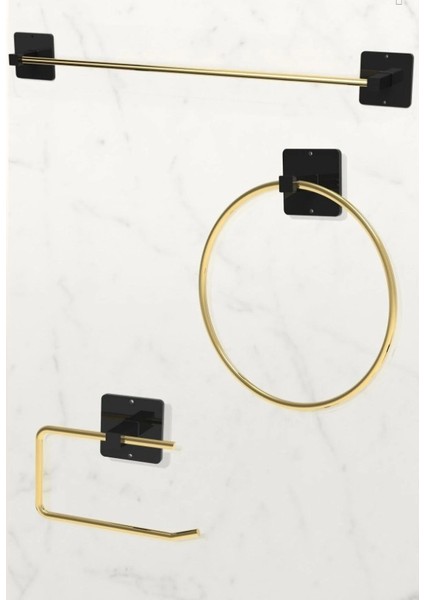Yapışkanlı Paslanmaz Gold Uzun Havluluk Wc Kağıtlık ve Çember Havluluk Banyo Mutfak 3'lü Set