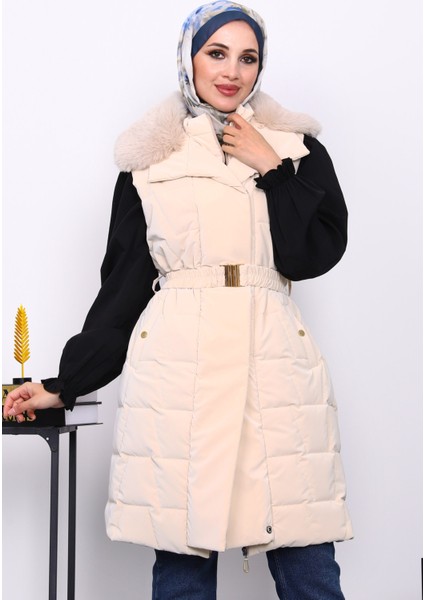 Krem Yaka Kürklü Lastik Kemerli Uzun Şişme Yelek