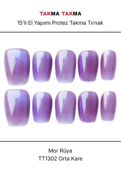 15'li Mor Kısa Kare TT1302 Tekrar Kullanılabilir El Yapımı Protez Takma Tırnak - Mor-XS