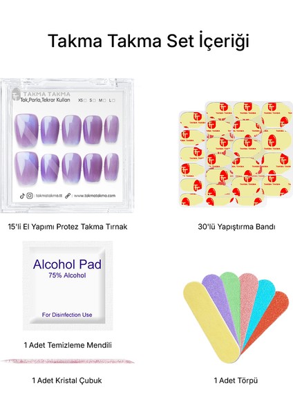 15'li Mor Kısa Kare TT1302 Tekrar Kullanılabilir El Yapımı Protez Takma Tırnak - Mor-XS fiyatları