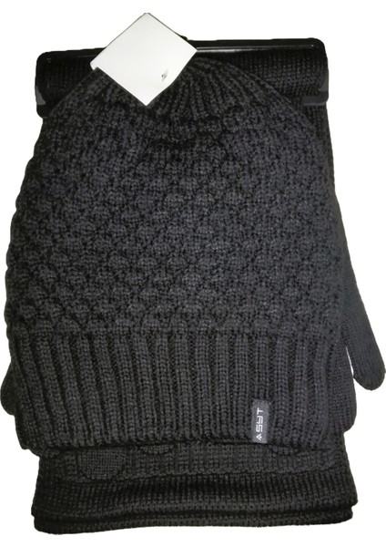 Erkek Örgü Bere Atkı Eldiven 3'lü Takım Siyah