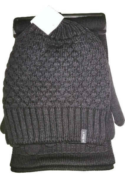 Erkek Örgü Bere Atkı Eldiven 3'lü Takım Siyah modelleri