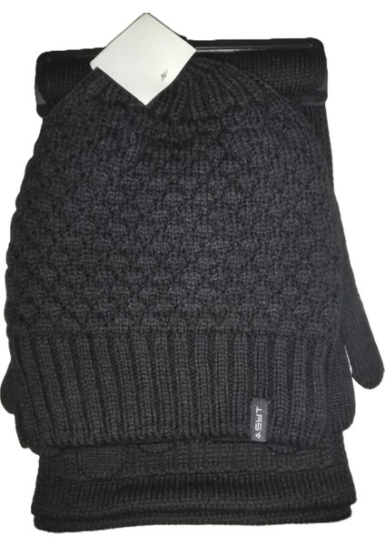 Erkek Örgü Bere Atkı Eldiven 3'lü Takım Siyah indirimleri