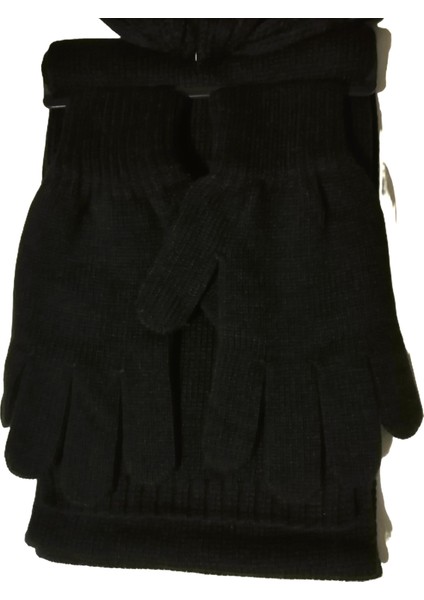 Erkek Örgü Bere Atkı Eldiven 3'lü Takım Siyah