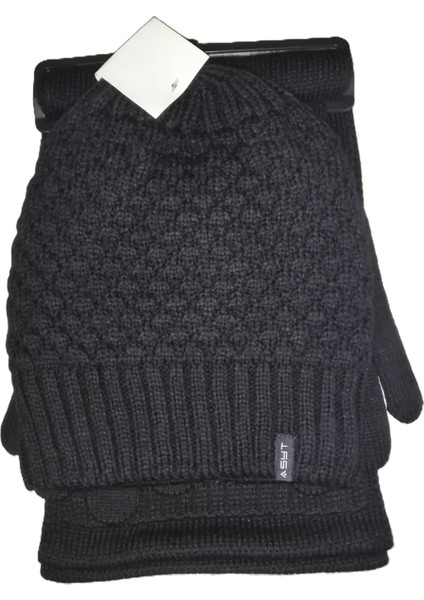 Erkek Örgü Bere Atkı Eldiven 3'lü Takım Siyah