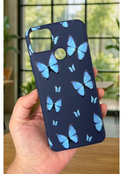 Realme C25S Uyumlu Mavi Kelebek Desenli Silikon Darbe Emici Klasik Korumalı Rubber Kılıf
