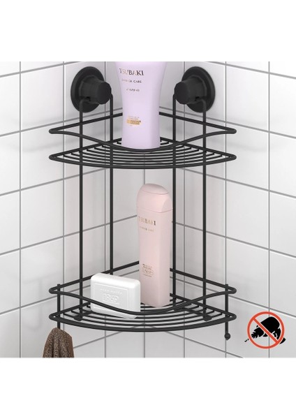Banyo Köşe Rafı Vakumlu Paslanmaz 2 Katlı Kancalı Siyah