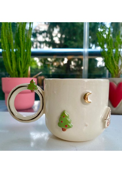 El Yapımı Seramik Gerçek 24K Altın Dekorlu Yılbaşı Temalı 2 Kupa