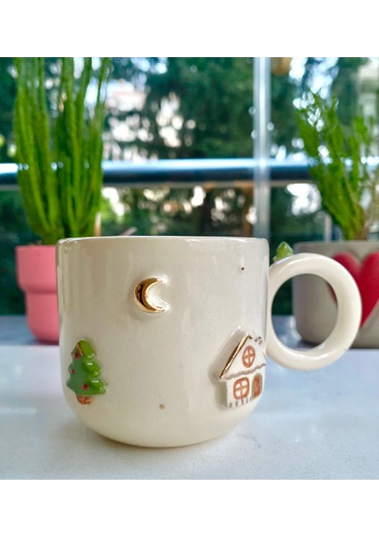 El Yapımı Seramik Gerçek 24K Altın Dekorlu Yılbaşı Temalı 2 Kupa modelleri