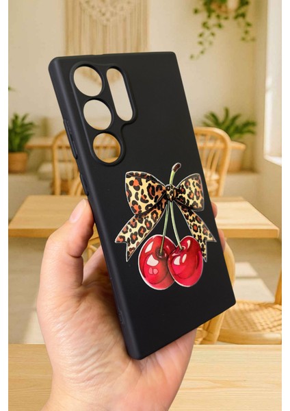 Samsung Galaxy S23 Ultra Uyumlu Kiraz Leopar Fiyonk Desenli Silikon Darbe Emici Rubber Kılıf modelleri