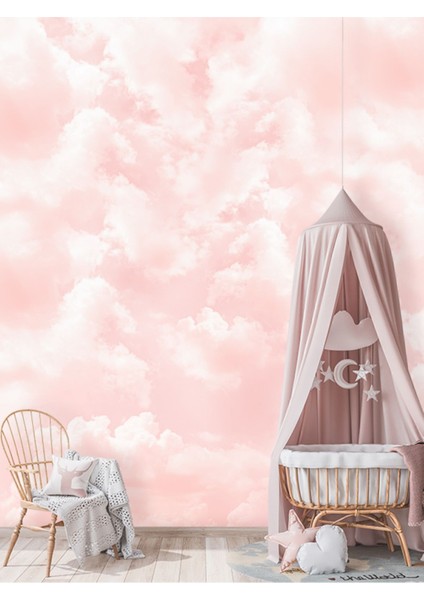 Duvar Kağıdı Çocuk Odası Pembe Bulutlar Desenli Isı ve Ses Yalıtımlı Sağlıklı Duvar Kumaşı modelleri