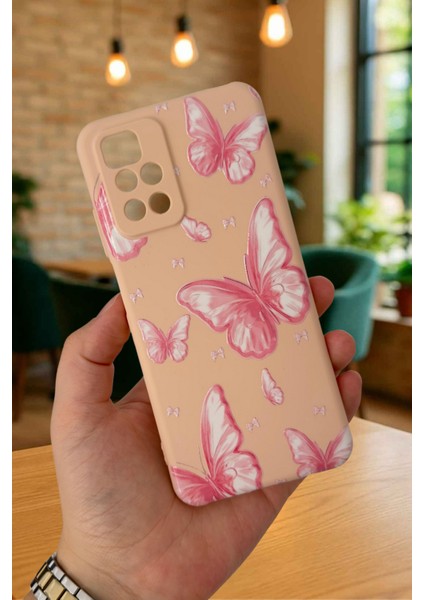 Xiaomi Redmi 10 2022 Pembe Kelebek Desenli Silikon Darbe Emici Klasik Korumalı Rubber Kılıf