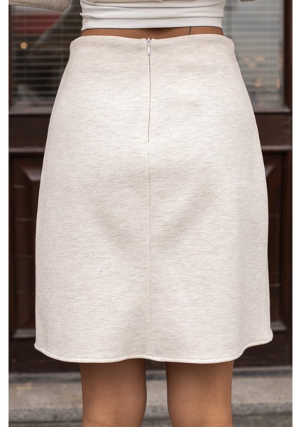 Kadın Kalın Esnek Kumaş Yüksek Bel Diz Üstü Çan Etek-Krem