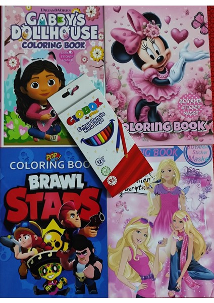 4 Adet Stickerli Boyama Kitabı 12 Li Kuru Boya Kalemi Hediyeli (MINNIE/GABBYS/BRAWLSTARS/BARBIE)X26
