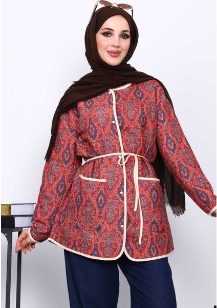 Bordo Etnik Desenli Cepli Ceket