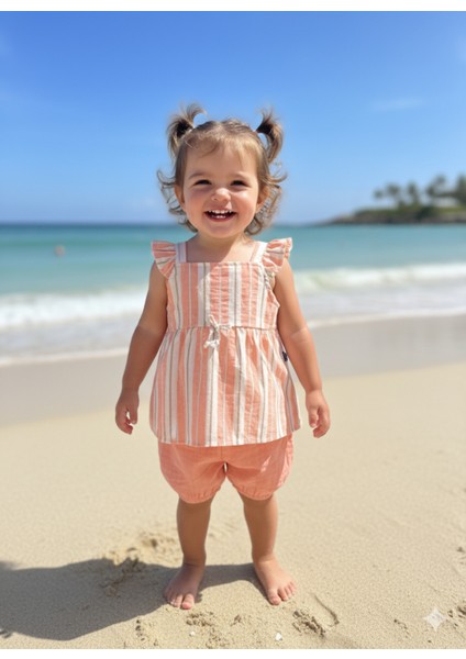 Kız Bebek Alt-Üst Şortlu Takım %100 Pamuk Müslin Tarz Tasarım Premium, Lila Şeftali