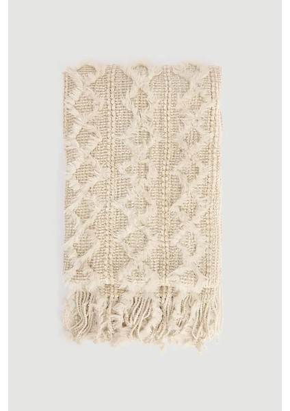 Püsküllü Örgü Şal - Ekru