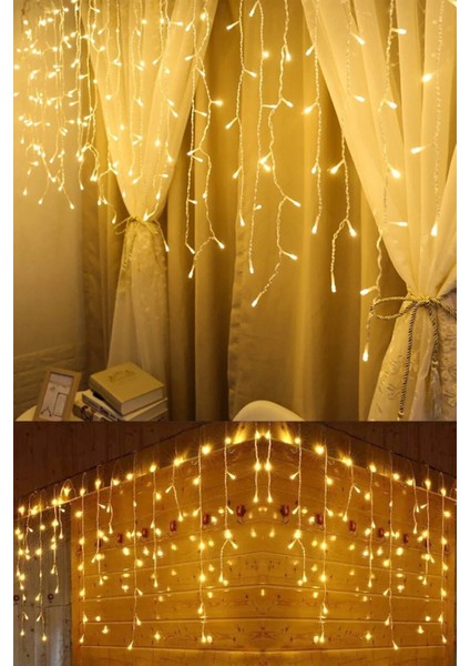 Sarı LED Işık 8 Fonksiyonlu Perde LED 4 Metre 50X60X70 Saçak Gün Işığı - 96 Ledli Saçaklı LED