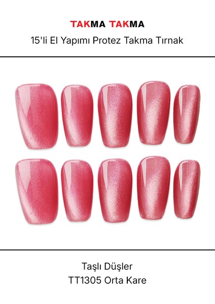 15'li Pembe Orta Kare TT1305 Tekrar Kullanılabilir El Yapımı Protez Takma Tırnak - Pembe-S