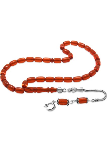 925 Ayar Gümüş Püsküllü Kapsül Kesim Mini Boy Turuncu Ateş Kehribar Tesbih