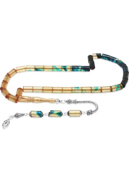 925 Ayar Gümüş Püsküllü Kesme Kesim Süzme Şeffaf Mavi Beyaz Ateş Kehribar Tesbih