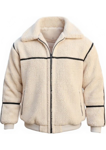 Içi Astarlı Şerit Detaylı Peluş Erkek Mont - Ekru