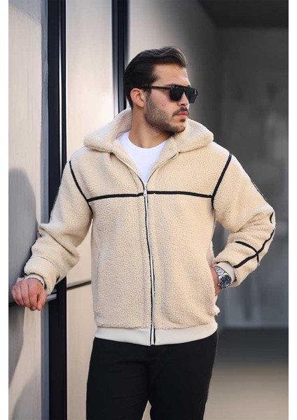 Içi Astarlı Şerit Detaylı Peluş Erkek Mont - Ekru fiyatları